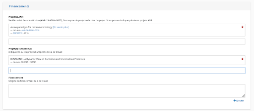 Les champs de la section financement, ajout d'un projet ANR