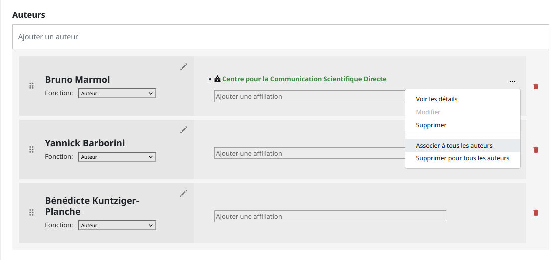 Affilier tous les auteurs à la même structure