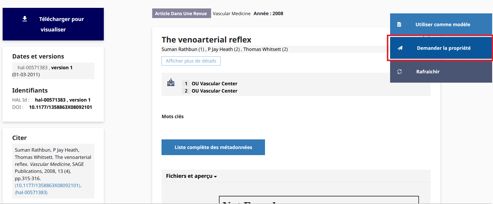 Page d'un dépôt sans fichier. Options sur le dépôt à droite de l'écran. Sélectionner "Demander la propriété"