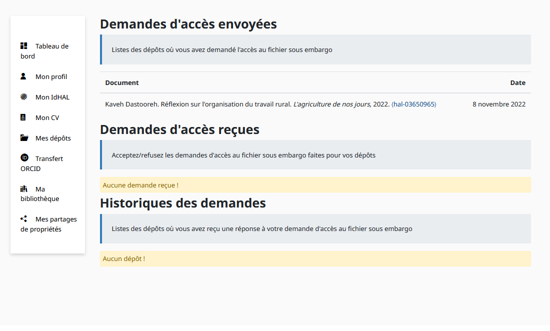 Page de demandes d'accès au fichier sous Embargo. Demande d'accès reçues. Historiques des demandes