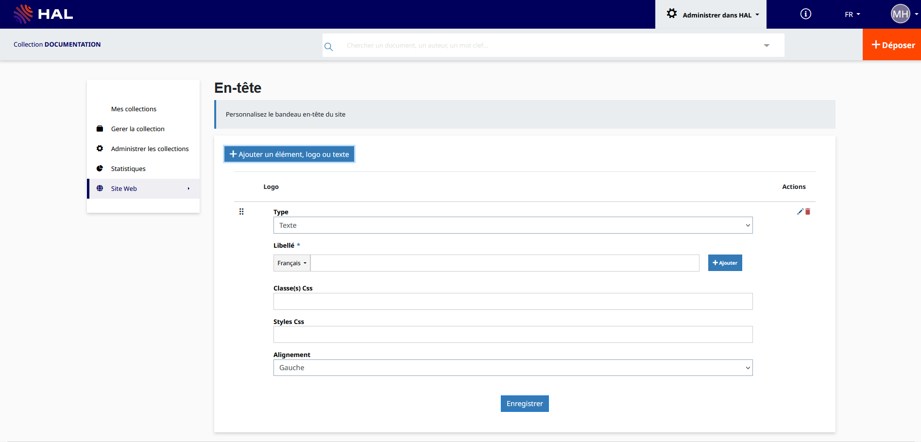 Administrer dans HAL => Site web => En-tête : Espace d'édition