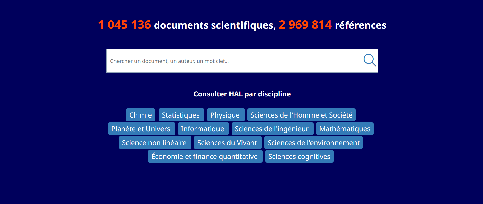 Page d'accueil HAL: barre de recherche. Consulter HAL par Discipline