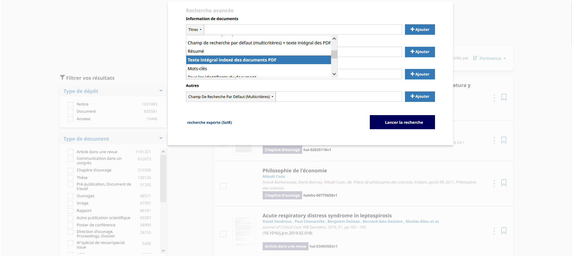 Page de la recherche avancée. Champ "Titre" sélectionné. Menu déroulant sur plusieurs options