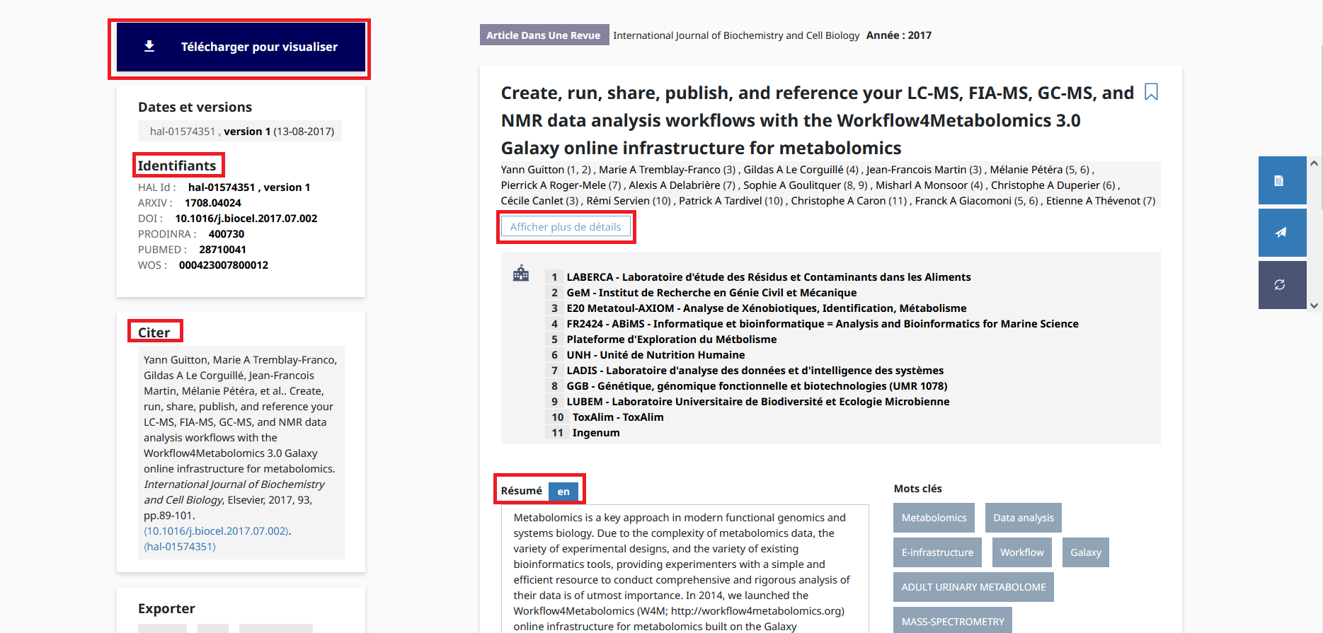 Page d'un dépôt avec fichier. A gauche: Télécharger pour visualiser (le fichier), la liste des "Identifiants", Citer (la citation). Au centre, les métadonnées du dépôt. Option "Affichier les détails" pour voir la liste complète des auteurs. Résumé et Mots clefs