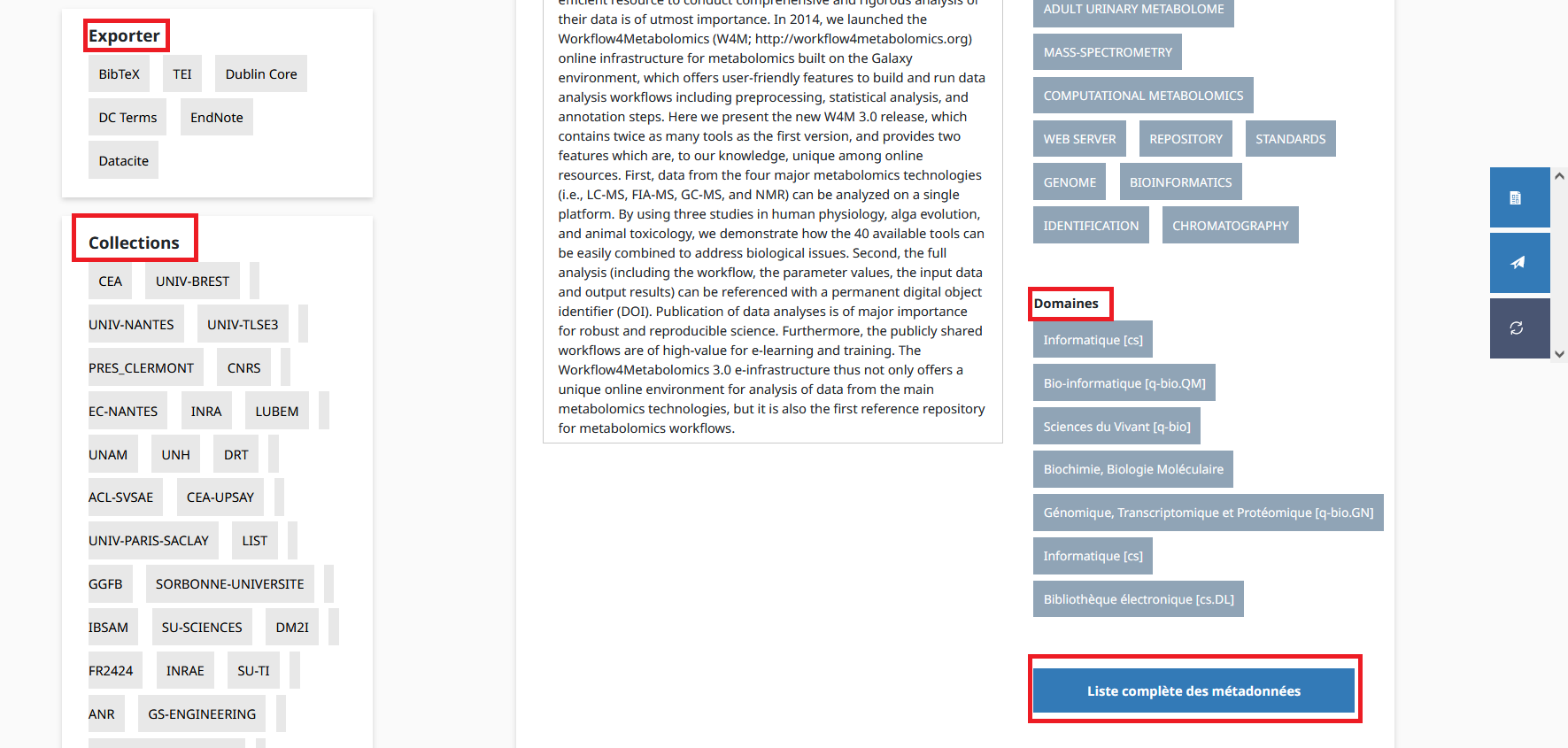 Page d'un dépôt avec fichier (suite). A gauche: Exporter et Collections. Au centre la suite du résumé. A droite; Domaines et Liste complète des métadonnées