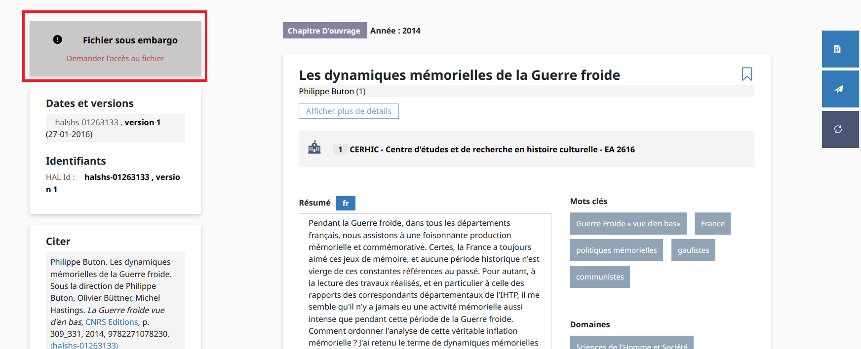 Page d'un dépôt avec fichier sous embargo. A gauche: "Fichier sous embargo. Demander l'accès au fichier"