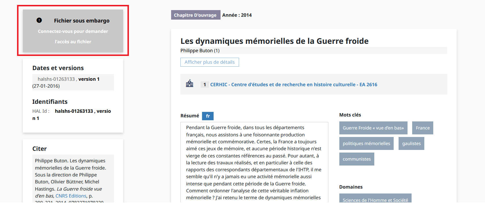 Page d'un dépôt avec fichier sous embargo. A gauche: "Fichier sous embargo. Connectez-vous pour demander l'accès au fichier".