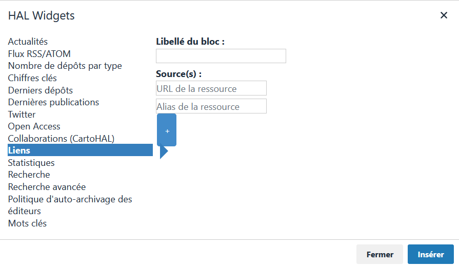 Widget Liens : éditeur