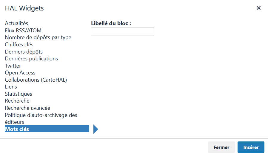 Widget Mots clés : éditeur