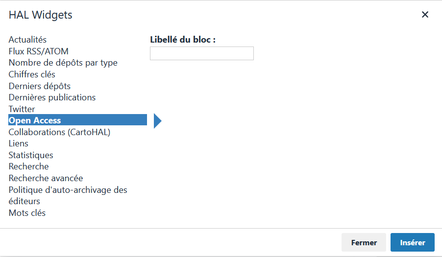 Widget Open Access : éditeur
