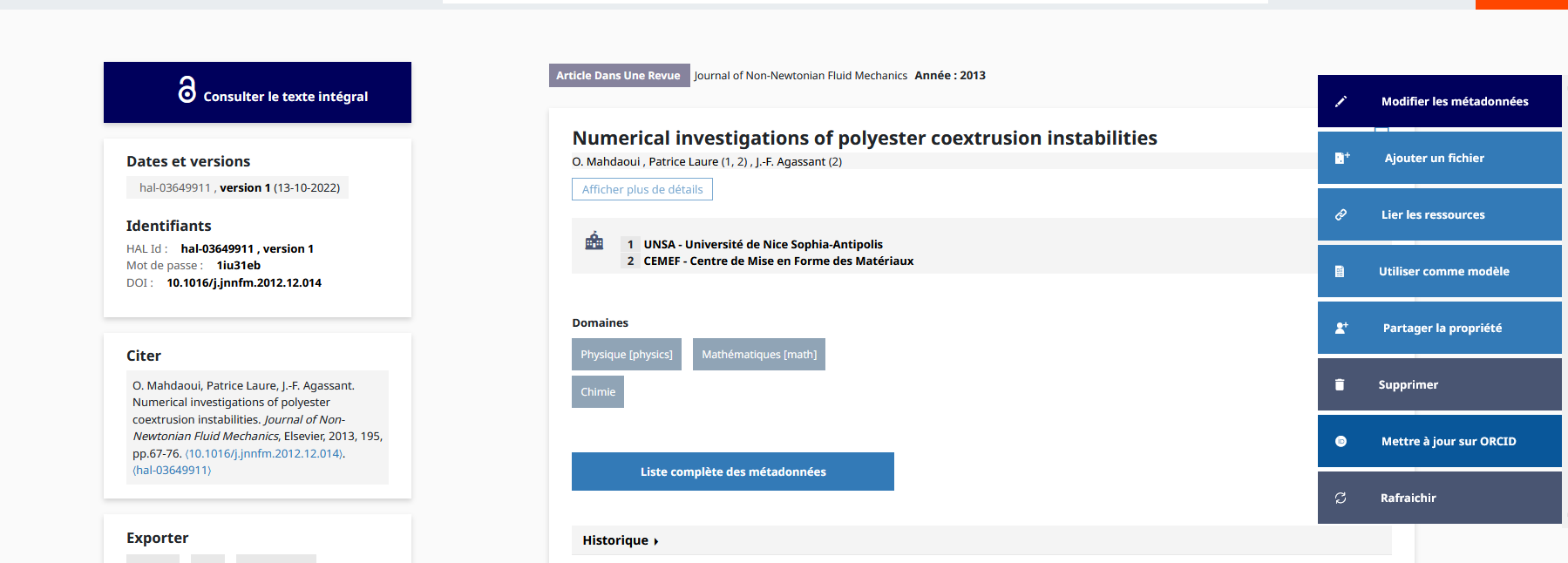 Mettre à jour un dépôt sur ORCID depuis l'affichage de la notice