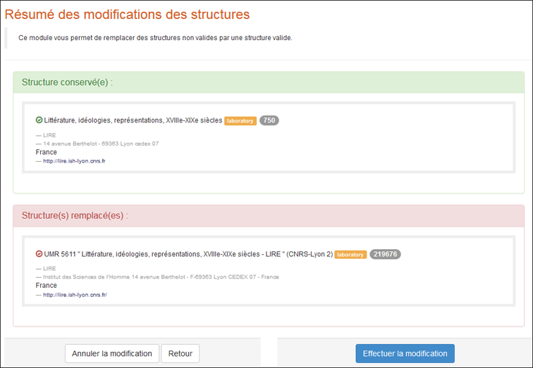 Récapitulatif de modifications