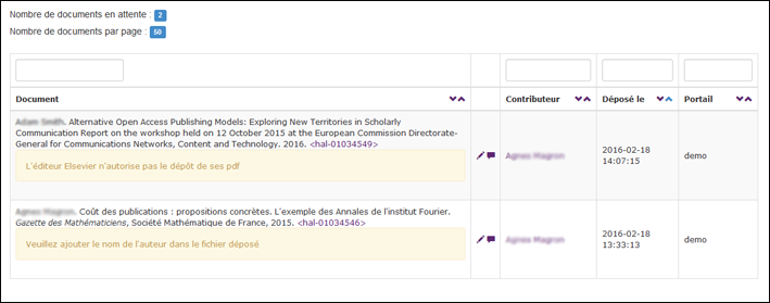 Interface administrateur de portail des dépôts en attente de modifications