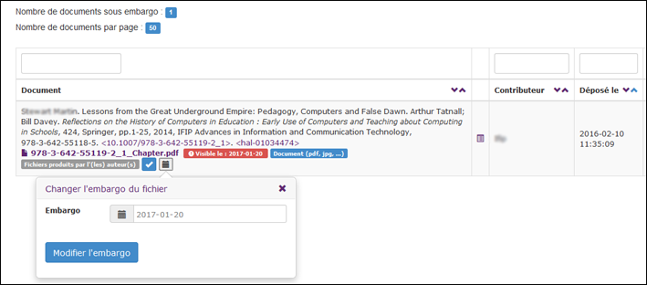 Modifier l'embargo depuis le bouton "Consulter les fichers associés à ce document