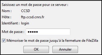 écran d'identification filezilla