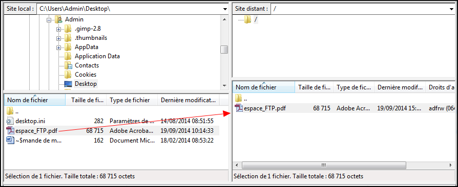 transfert du fichier sur l'espace ftp dans filezilla