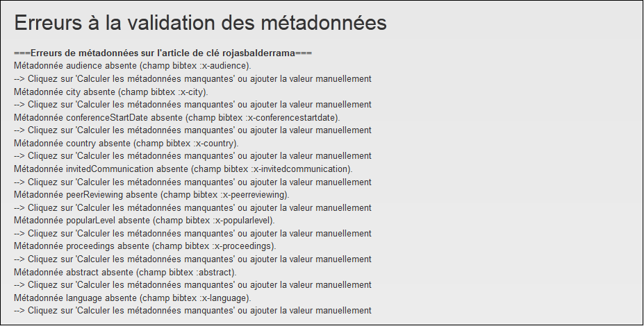 Erreurs à la validation des métadonnées