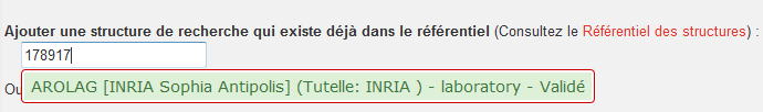 Saisir l'identifiant de la structure trouvé dans le référentiel