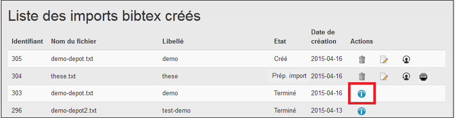 Liste des imports BibTeX créés