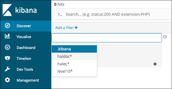 Liste des données disponibles dans le menu Kibana