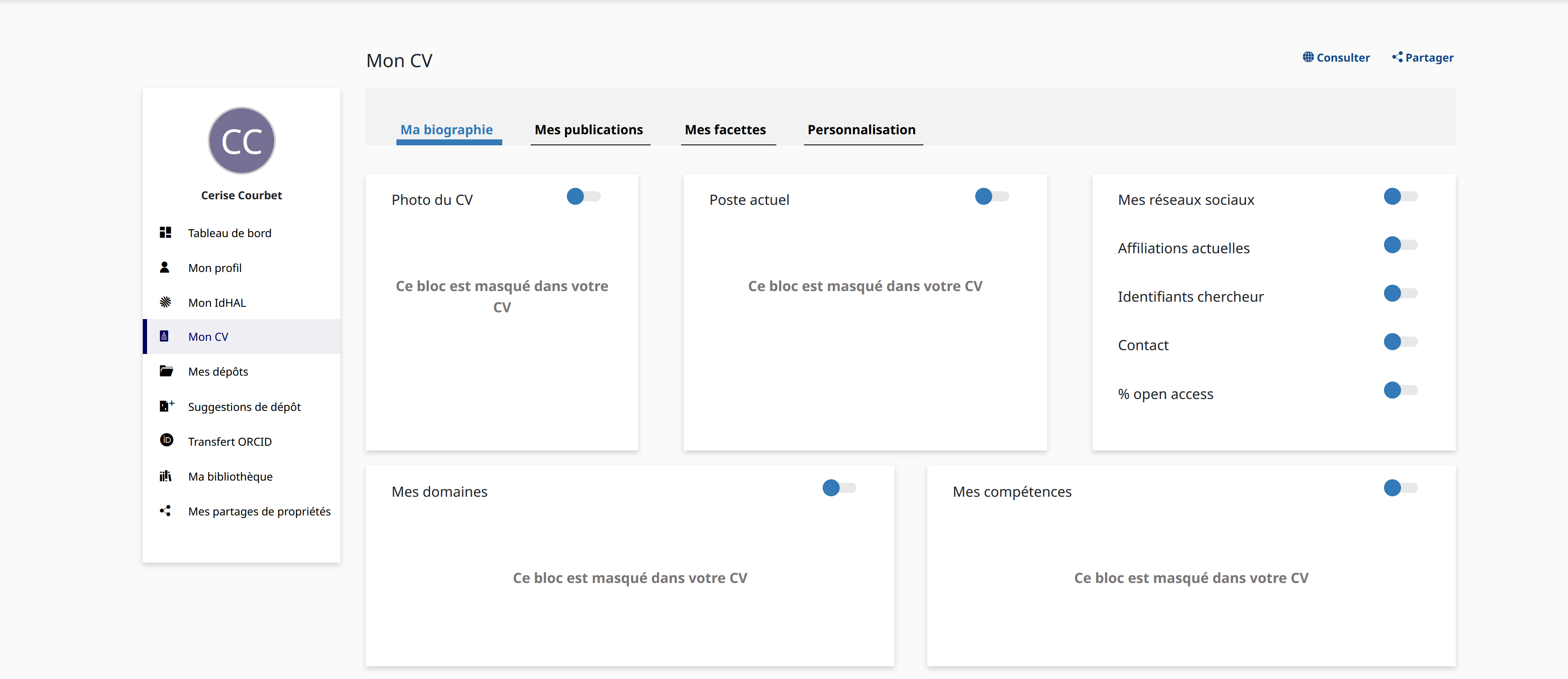 Données bibliographiques du CV