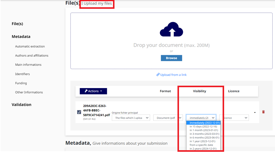 Modifier la durée d'embargo dans la section de chargement du fichier dans le formulaire du dépôt
