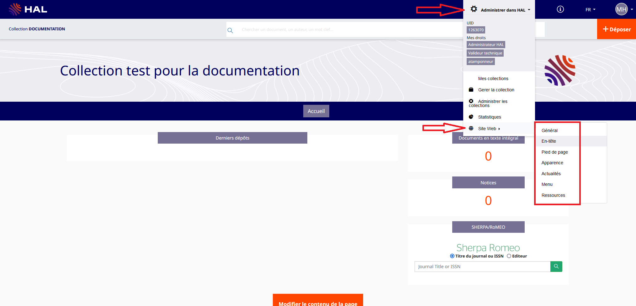 Administrer dans HAL => Site web => En-tête : Accès depuis le menu de navigation