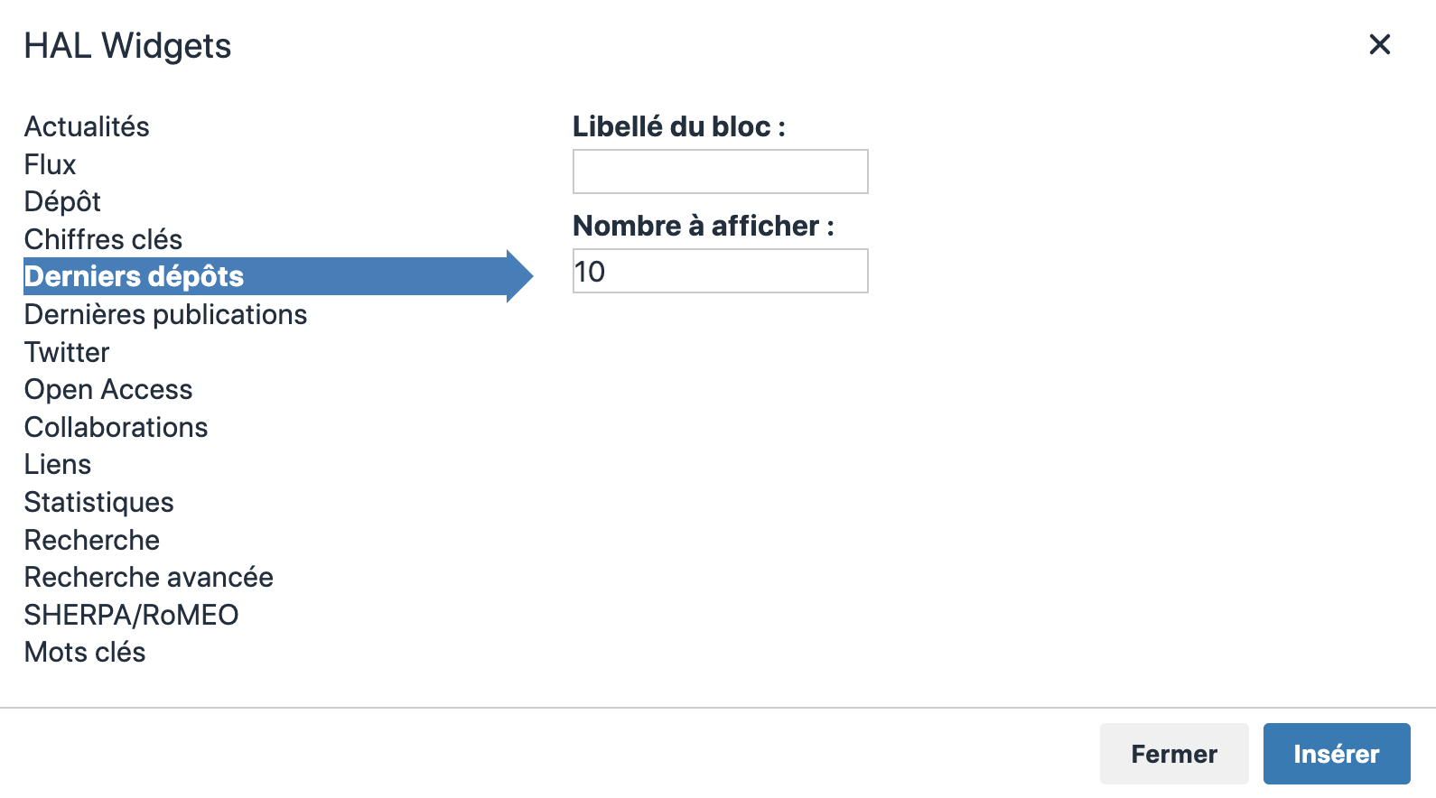 Widget Derniers dépôts : éditeur