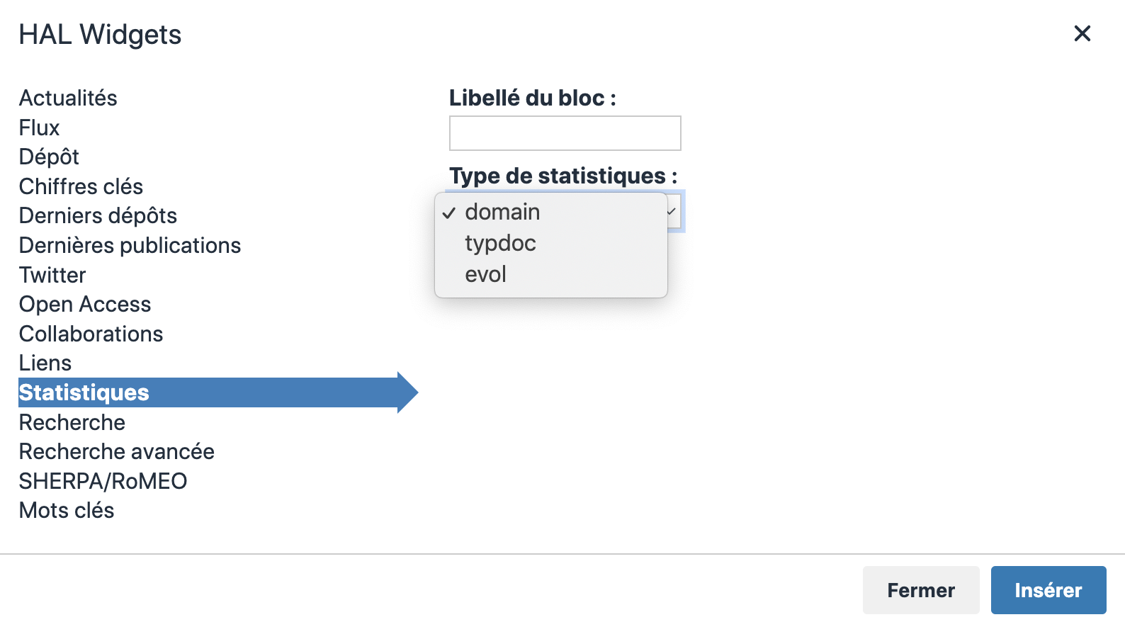 Widget Statistiques : éditeur