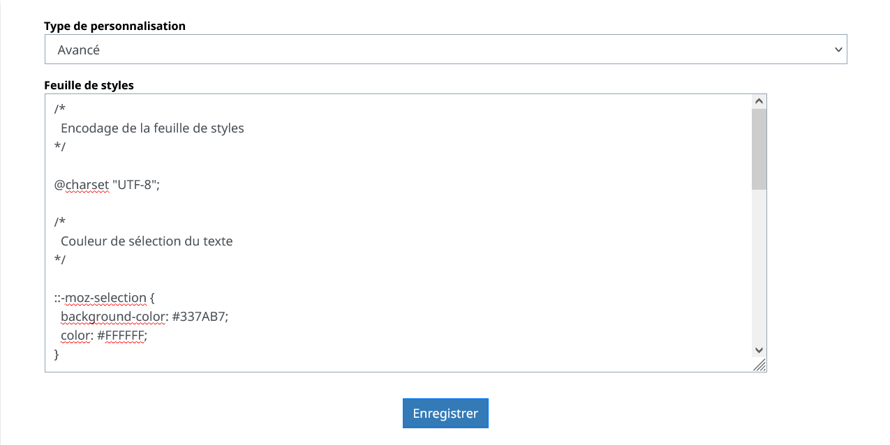 Personnalisation des sites : Administrer dans HAL/Site Web/Apparence : Feuille de styles d'utilisateur