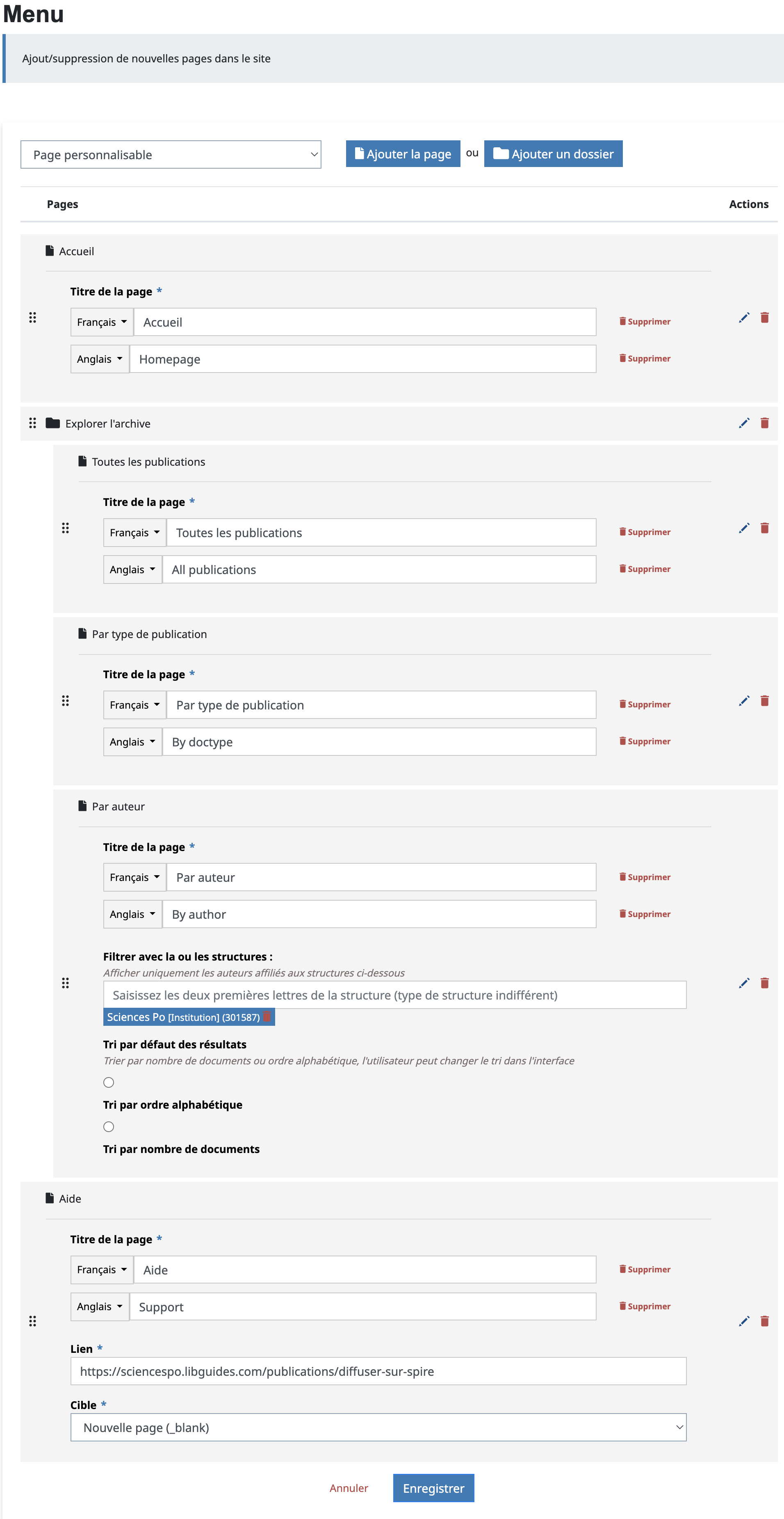 Personnalisation des sites : Administrer dans HAL/Site Web/Menu : Attributs des entrées