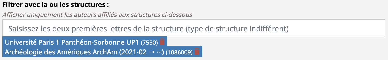 Personnalisation des sites : Administrer dans HAL/Site Web/Menu : Consultation par auteur : Filtrer avec la ou les structures : Sélection