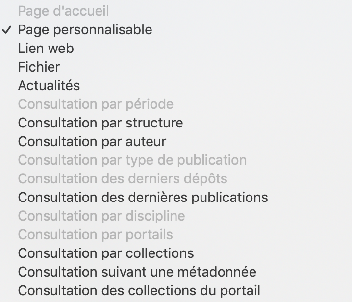 Personnalisation des sites : Administrer dans HAL/Site Web/Menu : Types d'entrées