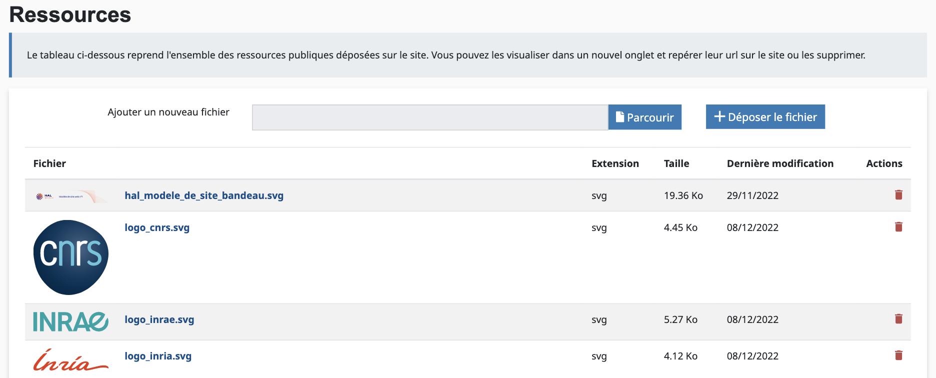 Personnalisation des sites : Administrer dans HAL/Site Web/Ressources