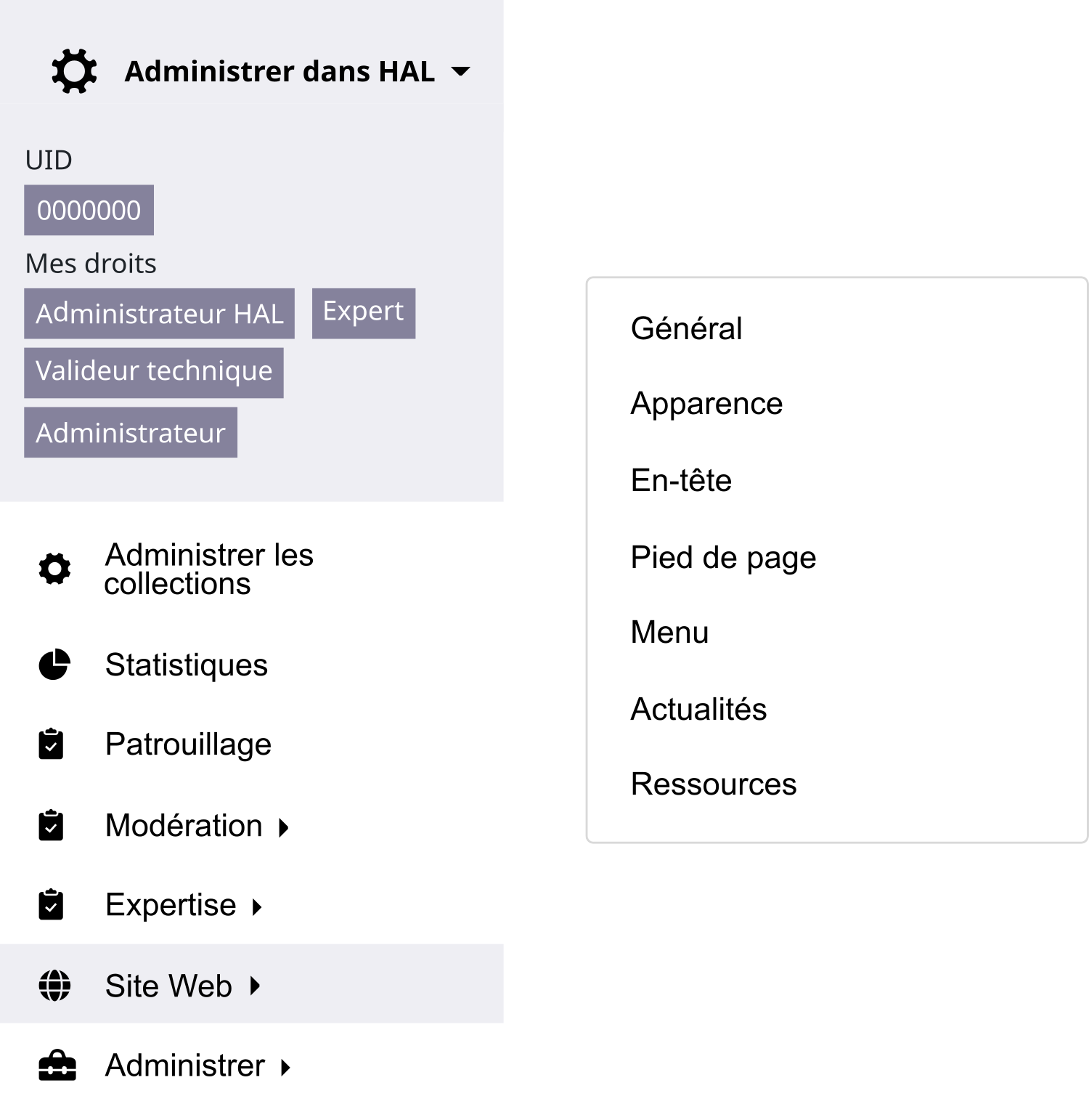 Personnalisation des sites : Administrer dans HAL/Site Web