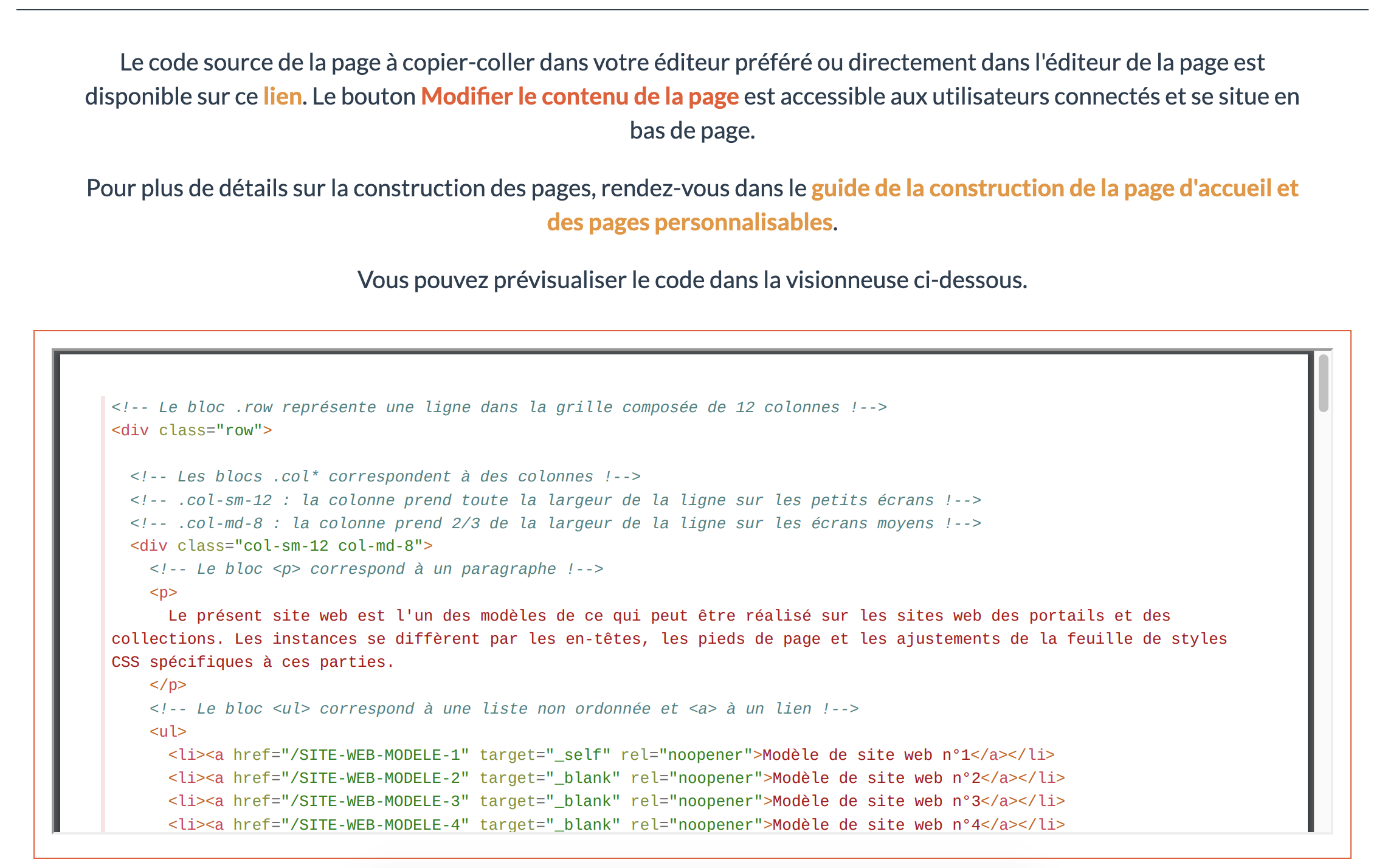 Modèle de site web n°1 : page d'accueil : section dédiée au code source