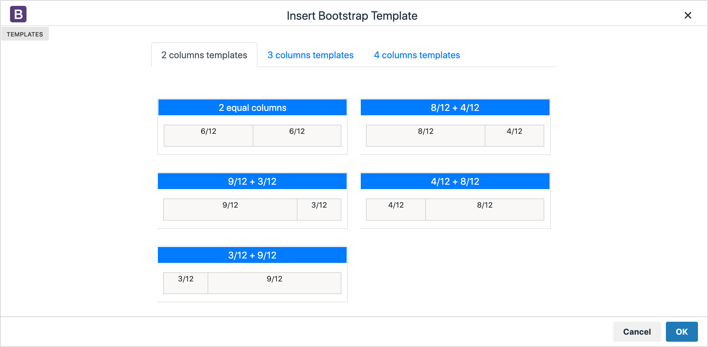 Éditeur de page : insertion d'une grille Bootstrap